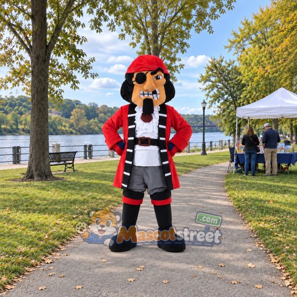 Pirate Mascot Costume with Red Coat and Red Bandana