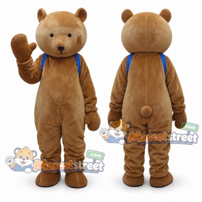 Brown Bear Mascot Costume with Blue Backpack