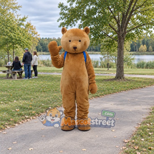Brown Bear Mascot Costume with Blue Backpack