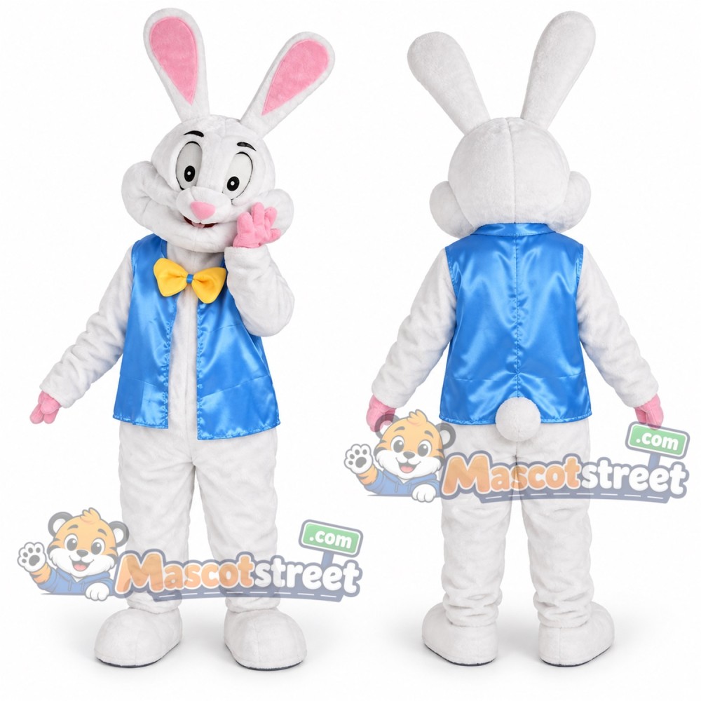 White Rabbit Mascot Costume with Blue Vest and Yellow Bow Tie White Rabbit Mascot Costume with Blue Vest and Yellow Bow Tie