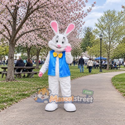 White Rabbit Mascot Costume with Blue Vest and Yellow Bow Tie White Rabbit Mascot Costume with Blue Vest and Yellow Bow Tie