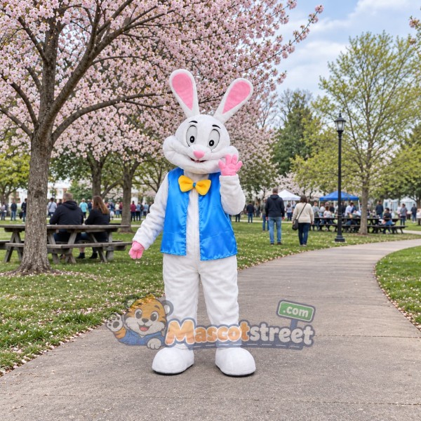 White Rabbit Mascot Costume with Blue Vest and Yellow Bow Tie