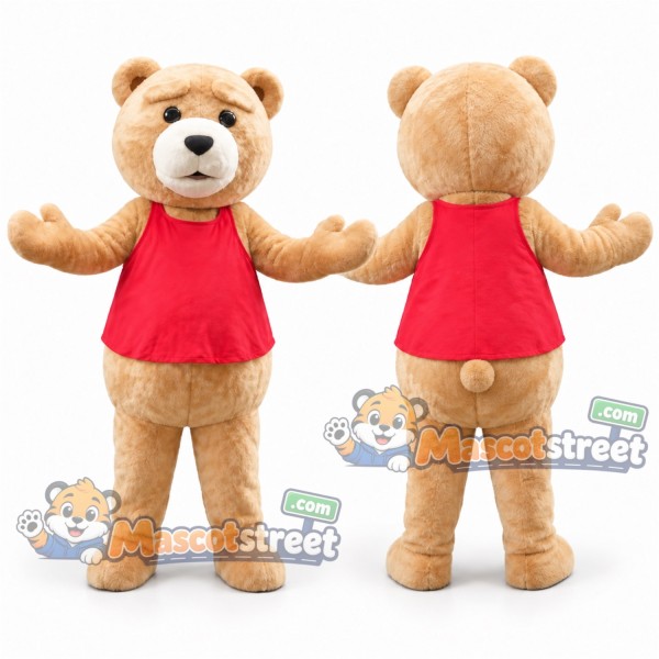 Tan Bear Mascot Costume with Red Vest