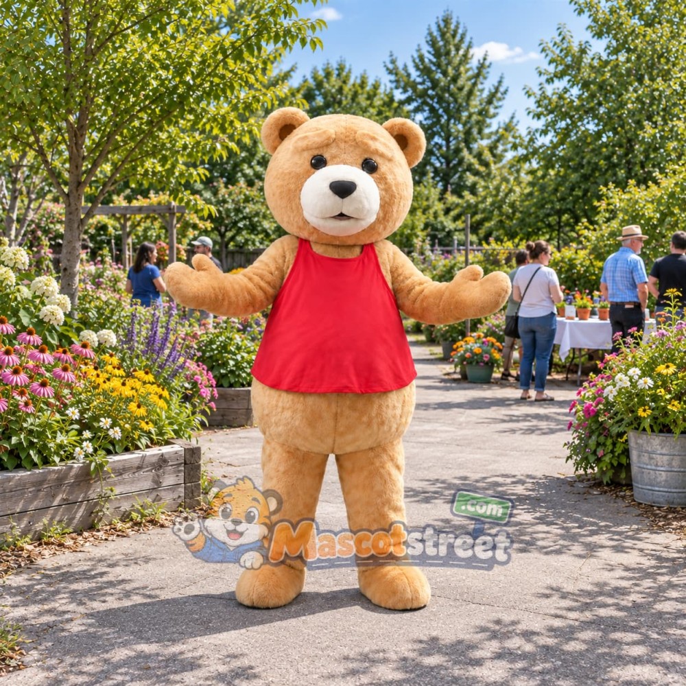 Tan Bear Mascot Costume with Red Vest Tan Bear Mascot Costume with Red Vest