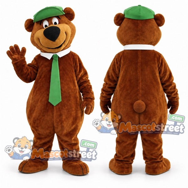 Brown Bear Mascot Costume with Green Tie and Green Hat
