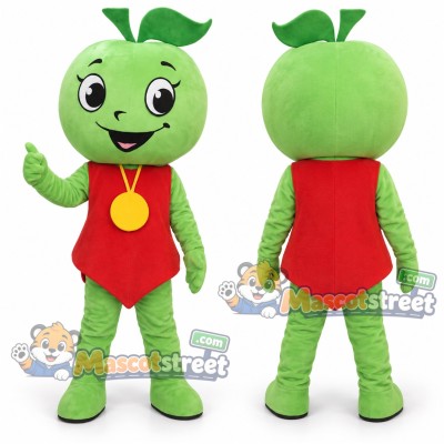Green Apple Mascot Costume with Red Vest and Gold Medal Green Apple Mascot Costume with Red Vest and Gold Medal