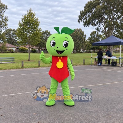 Green Apple Mascot Costume with Red Vest and Gold Medal Green Apple Mascot Costume with Red Vest and Gold Medal