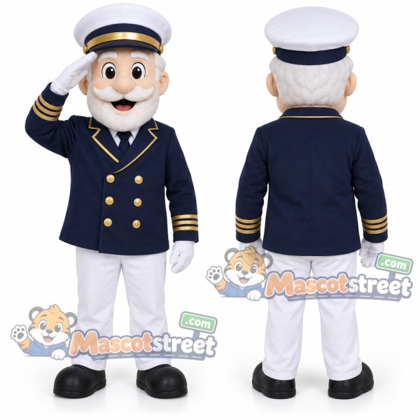 Sea Captain Mascot Costume with Navy Jacket, White Trousers and White Cap