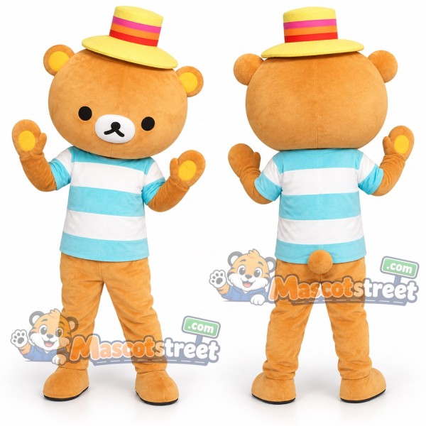Brown Bear Mascot Costume with Striped Shirt and Straw Hat