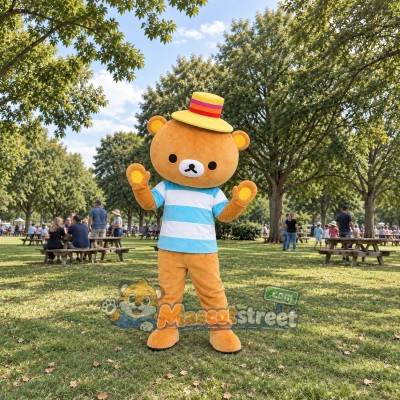 Brown Bear Mascot Costume with Striped Shirt and Straw Hat
