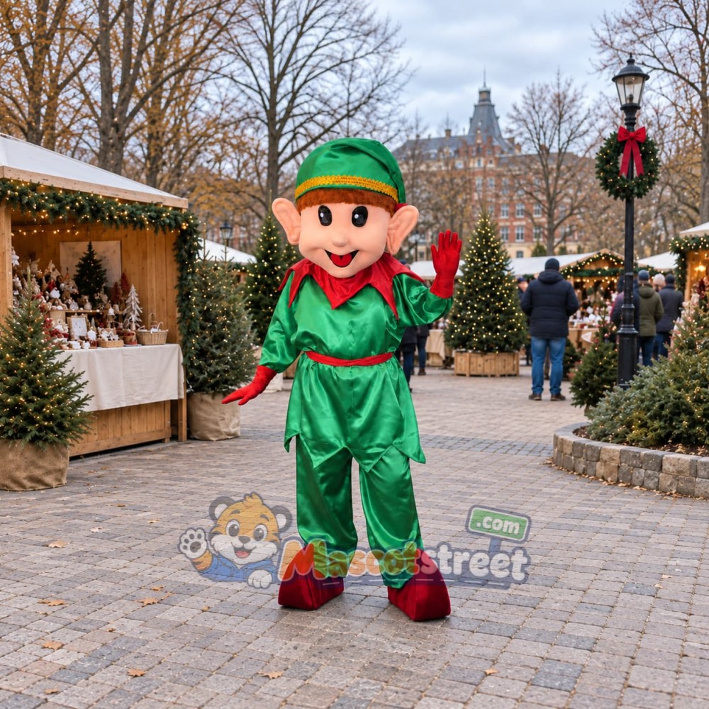 Christmas Elf Mascot Costume with Green Suit and Green Hat