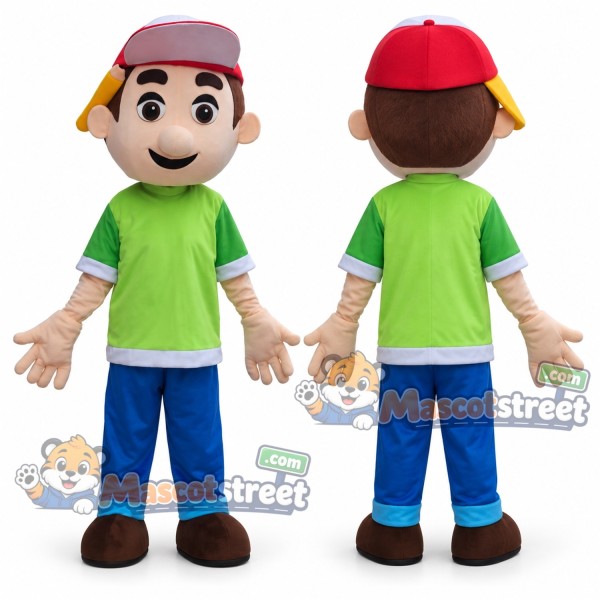 Boy Mascot Costume with Green Shirt, Blue Trousers and Red Cap