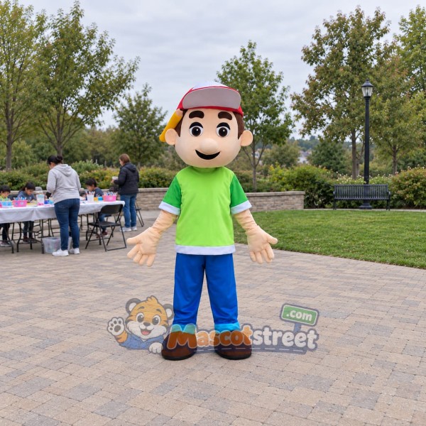 Boy Mascot Costume with Green Shirt, Blue Trousers and Red Cap