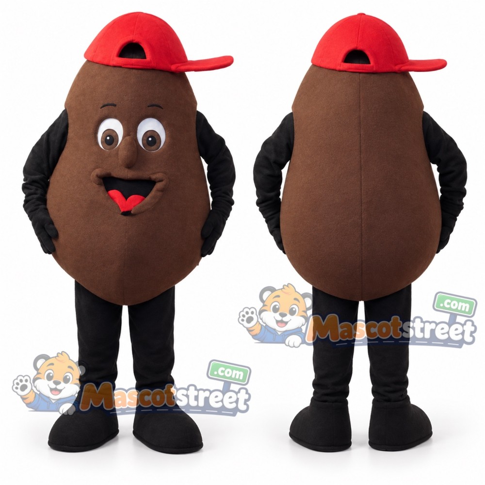 Brown Coffee Bean Mascot Costume with Red Cap