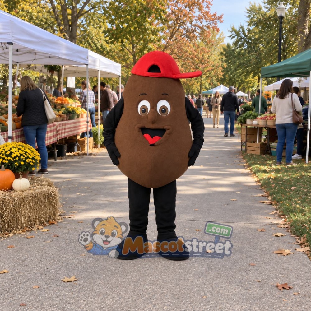 Brown Coffee Bean Mascot Costume with Red Cap