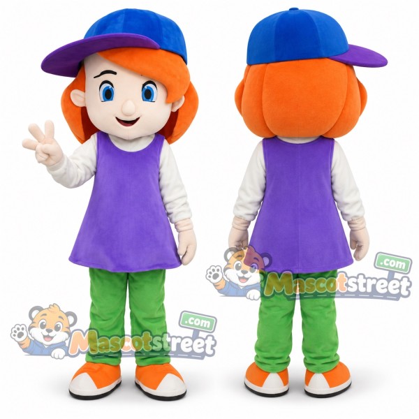 Girl Mascot Costume with Purple Top, Green Trousers and Blue Cap
