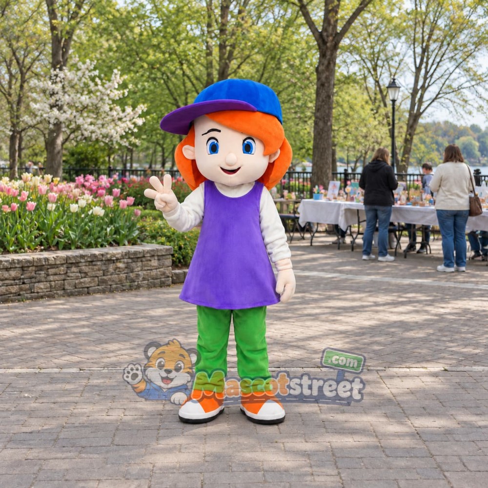 Girl Mascot Costume with Purple Top, Green Trousers and Blue Cap