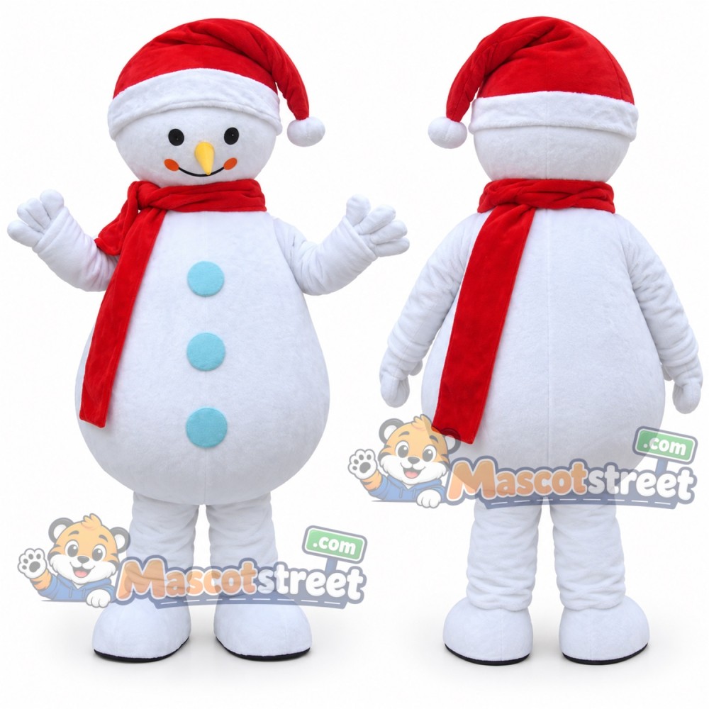 Snowman Mascot Costume with Red Scarf and Santa Hat Snowman Mascot Costume with Red Scarf and Santa Hat