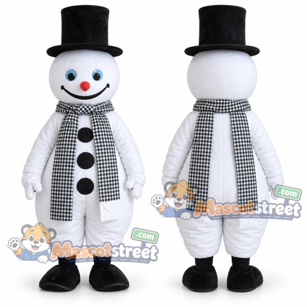 Snowman Mascot Costume with Black Hat and Gray Scarf