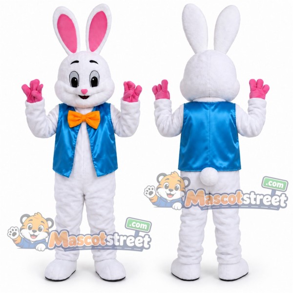 White Rabbit Mascot Costume with Blue Vest and Yellow Bow Tie