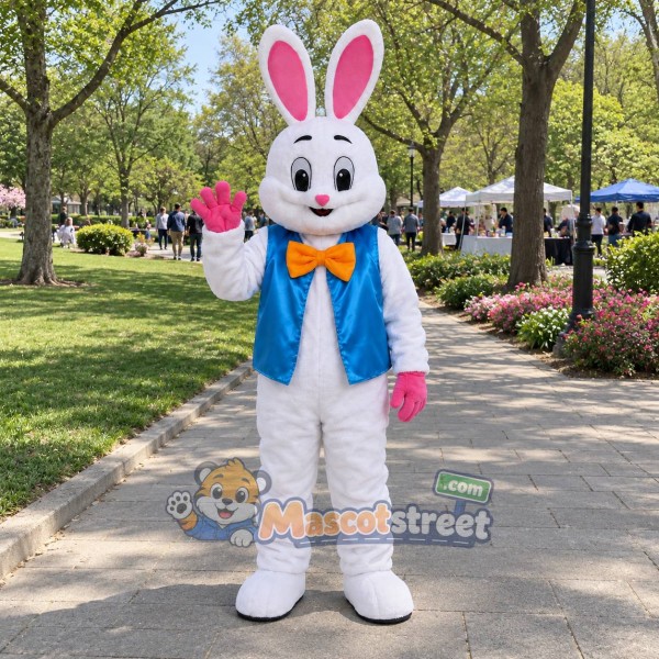 White Rabbit Mascot Costume with Blue Vest and Yellow Bow Tie