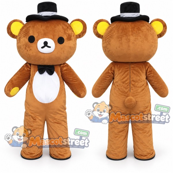 Brown Bear Mascot Costume with Black Bow Tie and Black Hat
