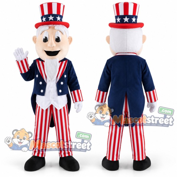 Uncle Sam Mascot Costume with Navy Coat, Striped Trousers and Top Hat