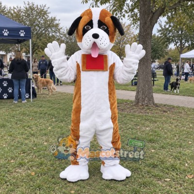 Brown and White Dog Mascot Costume with Red Bow Tie