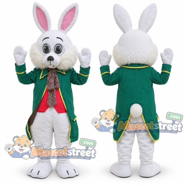 White Rabbit Mascot Costume with Green Tailcoat and Red Vest