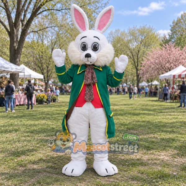 White Rabbit Mascot Costume with Green Tailcoat and Red Vest