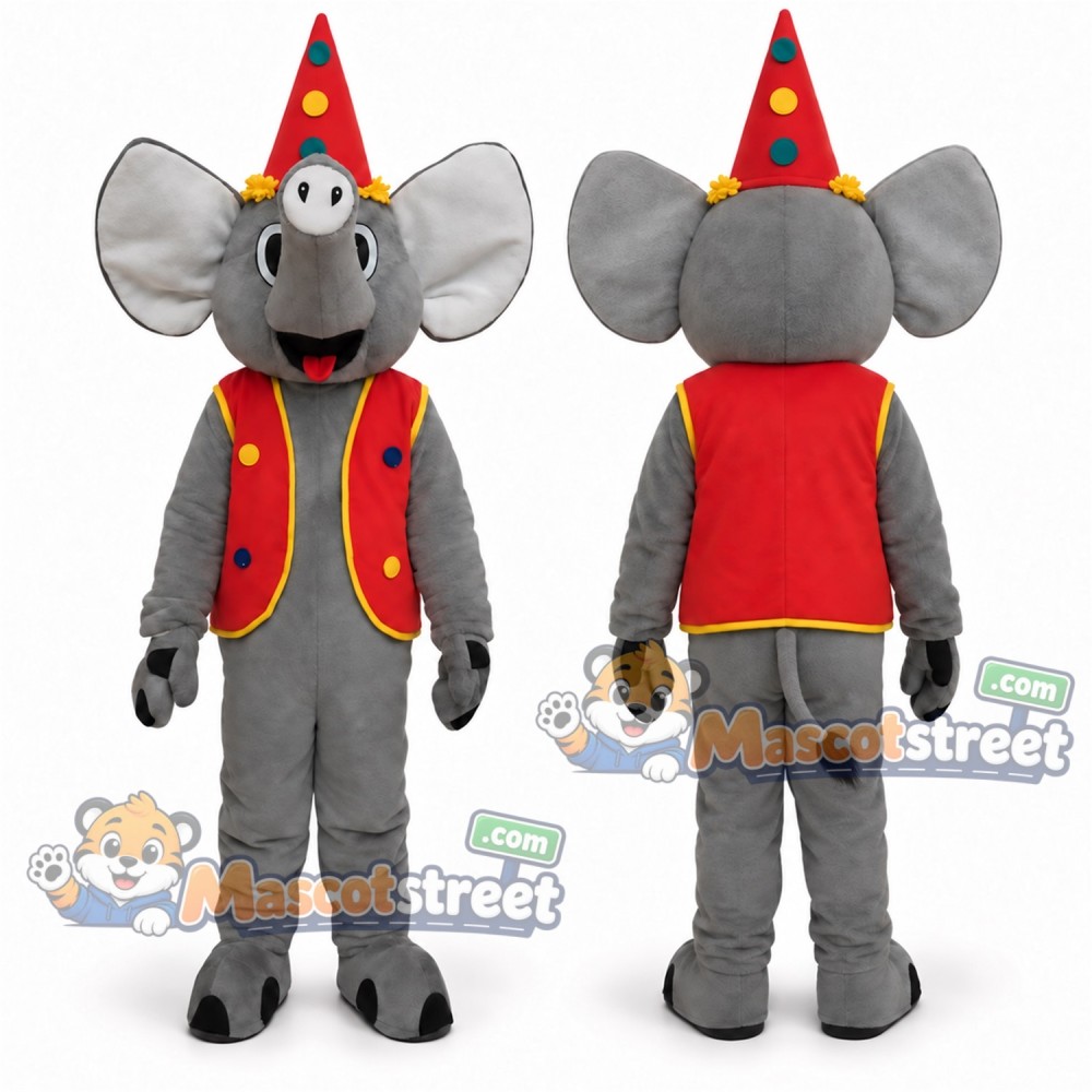 Gray Elephant Mascot Costume with Red Vest and Party Hat Gray Elephant Mascot Costume with Red Vest and Party Hat