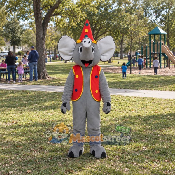 Gray Elephant Mascot Costume with Red Vest and Party Hat