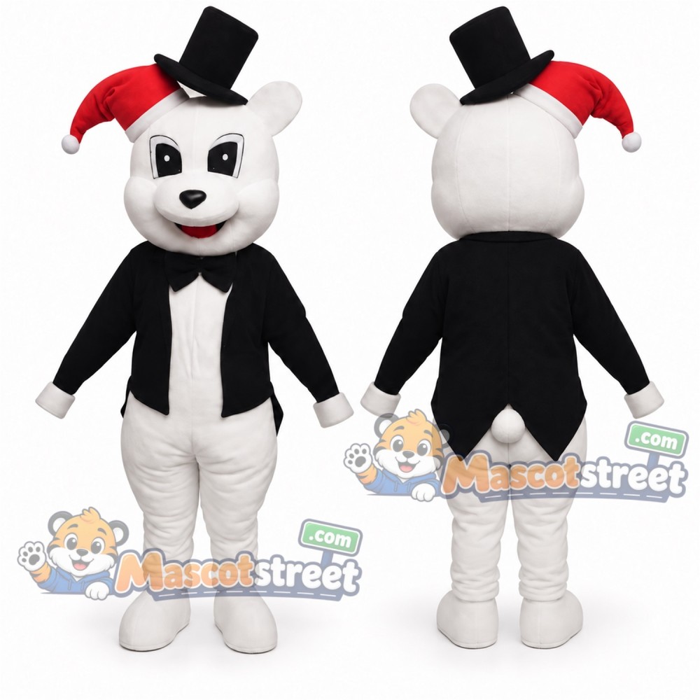 White Bear Mascot Costume with Black Jacket and Black Hat
