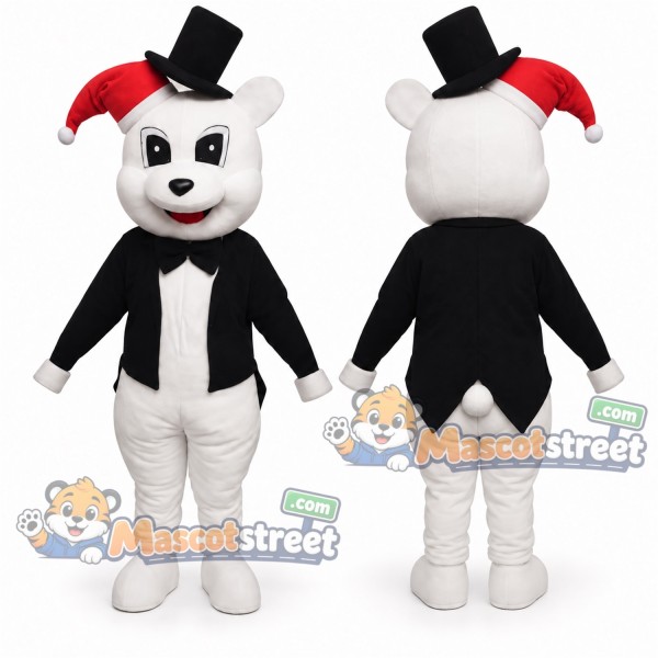 White Bear Mascot Costume with Black Jacket and Black Hat