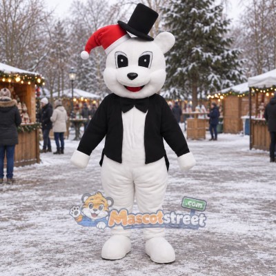 White Bear Mascot Costume with Black Jacket and Black Hat
