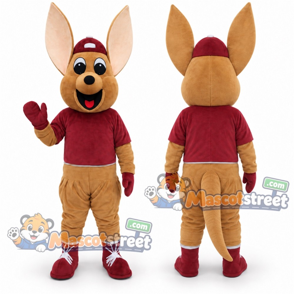 Tan Kangaroo Mascot Costume with Burgundy Shirt and Cap Tan Kangaroo Mascot Costume with Burgundy Shirt and Cap