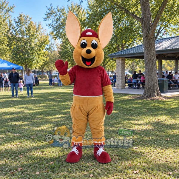 Tan Kangaroo Mascot Costume with Burgundy Shirt and Cap