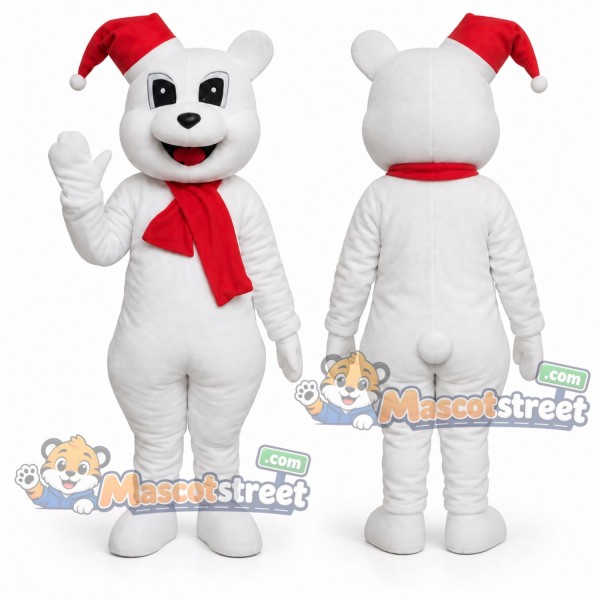 White Bear Mascot Costume with Red Scarf and Santa Hat