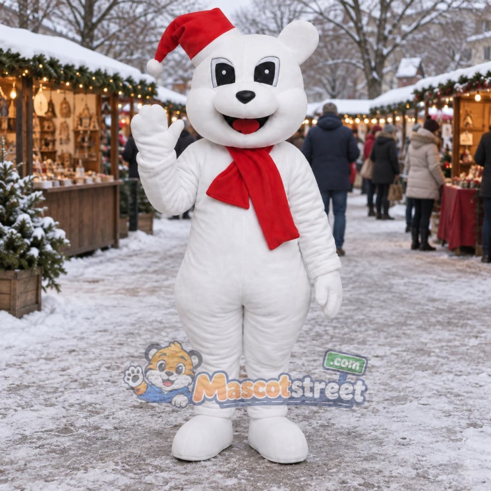 White Bear Mascot Costume with Red Scarf and Santa Hat White Bear Mascot Costume with Red Scarf and Santa Hat