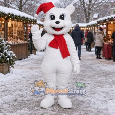White Bear Mascot Costume with Red Scarf and Santa Hat White Bear Mascot Costume with Red Scarf and Santa Hat
