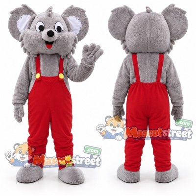 Gray Koala Mascot Costume with Red Overalls Gray Koala Mascot Costume with Red Overalls