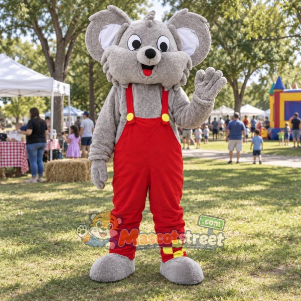 Gray Koala Mascot Costume with Red Overalls