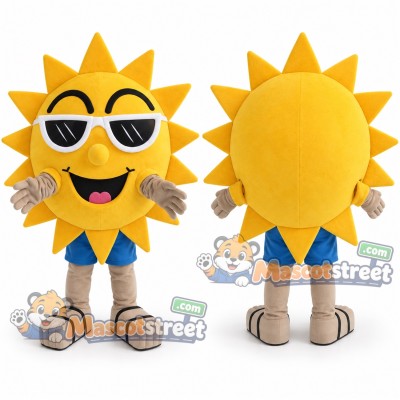 Sun Mascot Costume with Blue Shorts and White Sunglasses Sun Mascot Costume with Blue Shorts and White Sunglasses
