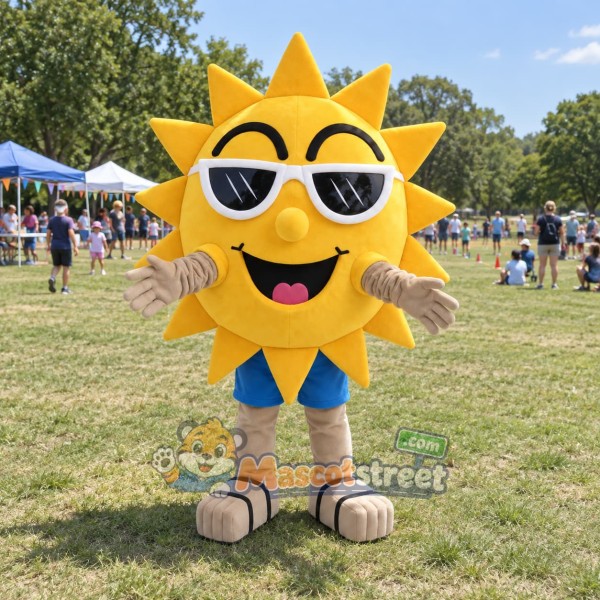 Sun Mascot Costume with Blue Shorts and White Sunglasses