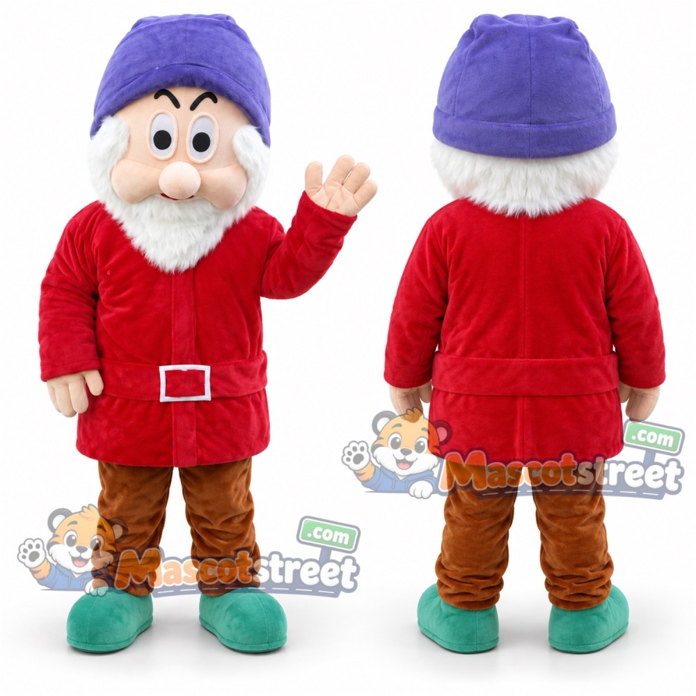Bearded Dwarf Mascot Costume with Red Coat and Purple Hat Bearded Dwarf Mascot Costume with Red Coat and Purple Hat