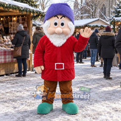 Bearded Dwarf Mascot Costume with Red Coat and Purple Hat Bearded Dwarf Mascot Costume with Red Coat and Purple Hat