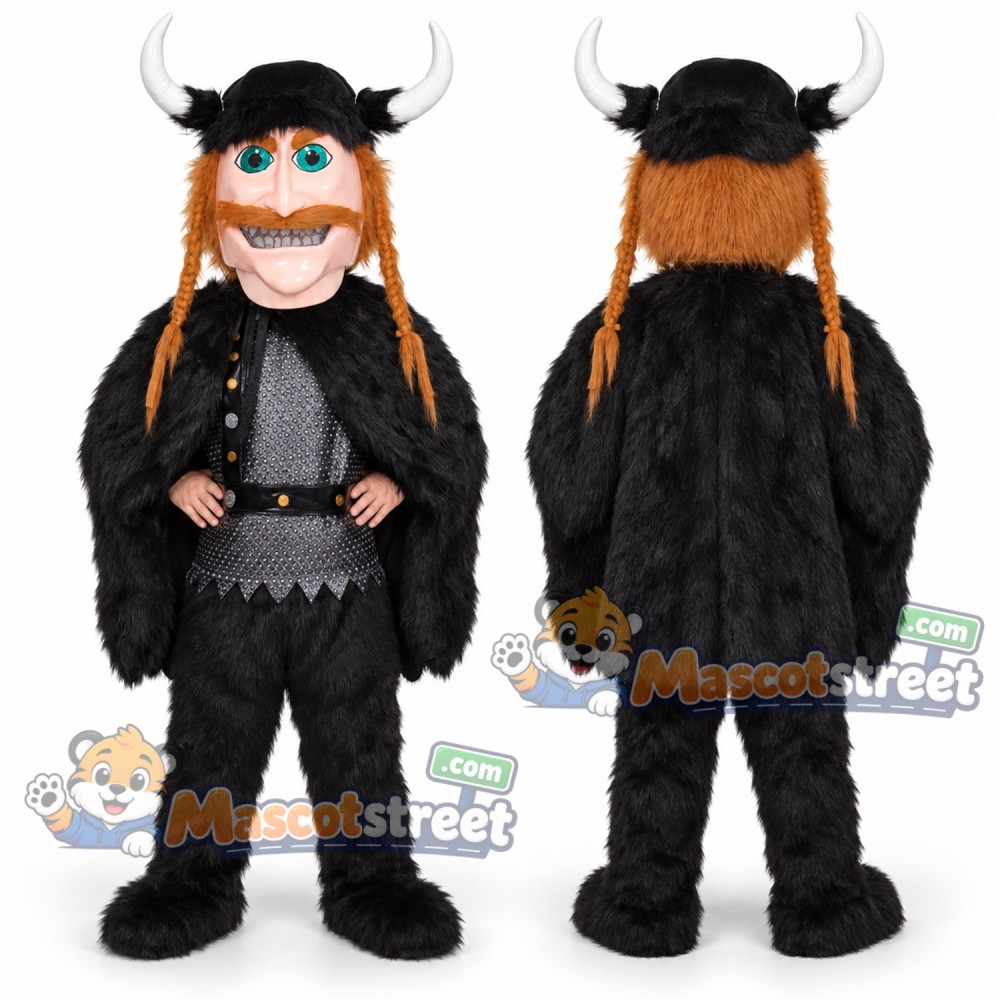 Viking Mascot Costume with Black Outfit and Horned Helmet