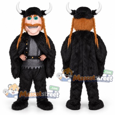 Viking Mascot Costume with Black Outfit and Horned Helmet