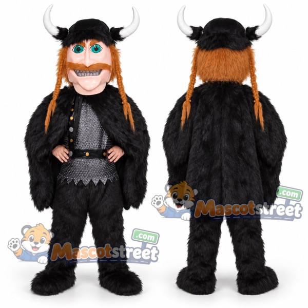 Viking Mascot Costume with Black Outfit and Horned Helmet