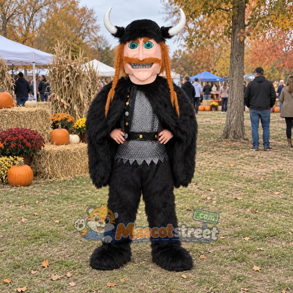 Viking Mascot Costume with Black Outfit and Horned Helmet